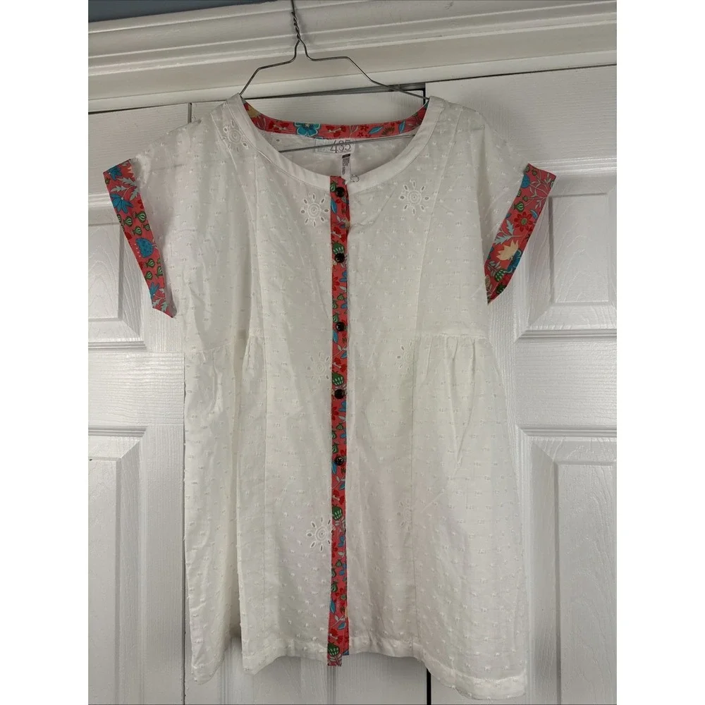 Size 16 Matilda Jane Field Games Top, White w/ floral pink trim, NEW, Button Up
